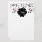 Monogram roze en grijze Floral Waterverf Briefpapier (Voorkant / Achterkant)