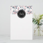 Monogram roze en grijze Floral Waterverf Briefpapier (Staand voorkant)