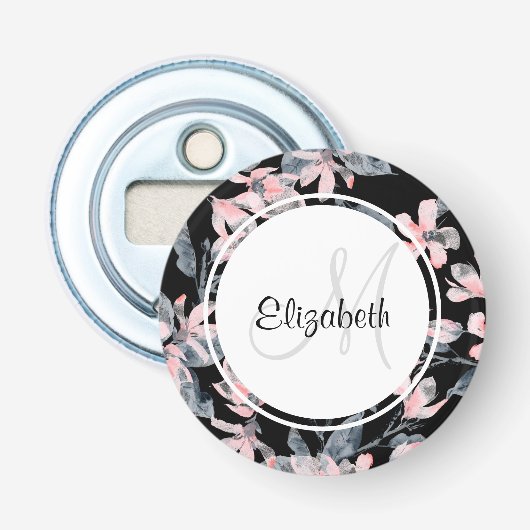 Monogram roze en grijze Floral Waterverf Button Flesopener (Voorkant)