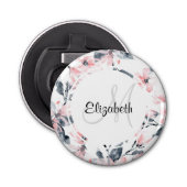 Monogram roze en grijze Floral Waterverf Button Flesopener (Voorkant)