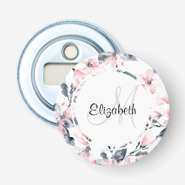 Monogram roze en grijze Floral Waterverf Button Flesopener