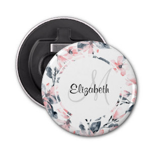 Monogram roze en grijze Floral Waterverf Button Flesopener