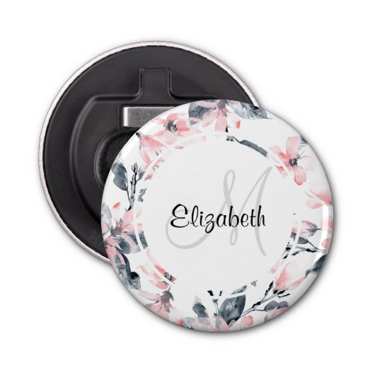 Monogram roze en grijze Floral Waterverf Button Flesopener (Voorkant)
