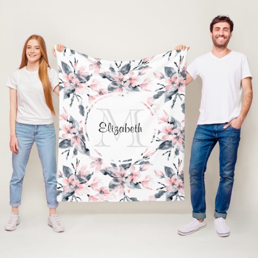 Monogram roze en grijze Floral Waterverf Fleece Deken (In situ)