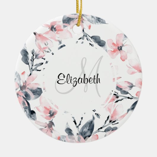 Monogram roze en grijze Floral Waterverf Keramisch Ornament (Voorkant)
