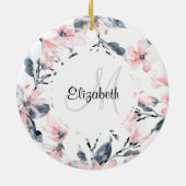 Monogram roze en grijze Floral Waterverf Keramisch Ornament (Achterkant)