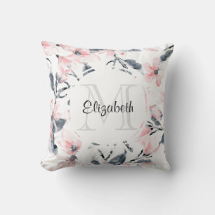 Monogram roze en grijze Floral Waterverf Kussen