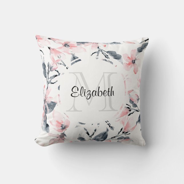 Monogram roze en grijze Floral Waterverf Kussen (Voorkant)