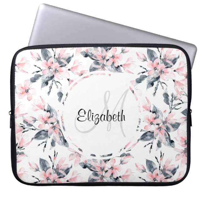 Monogram roze en grijze Floral Waterverf Laptop Sleeve (Voorkant)