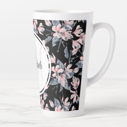 Monogram roze en grijze Floral Waterverf Latte Mok (Rechts)