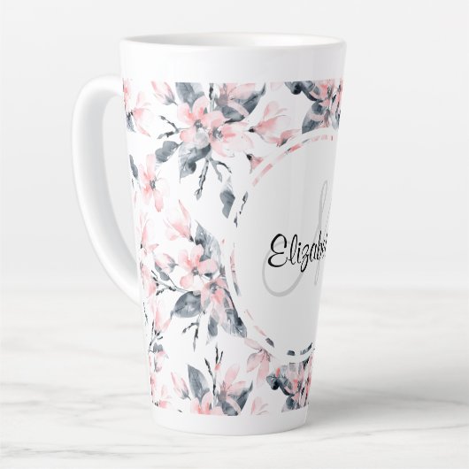 Monogram roze en grijze Floral Waterverf Latte Mok (Linkerhoek)