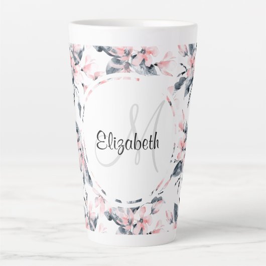 Monogram roze en grijze Floral Waterverf Latte Mok (Voorkant)