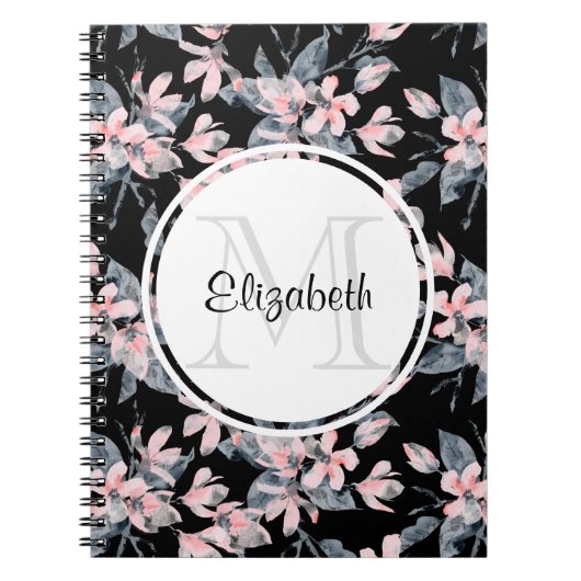 Monogram roze en grijze Floral Waterverf Notitieboek (Voorkant)
