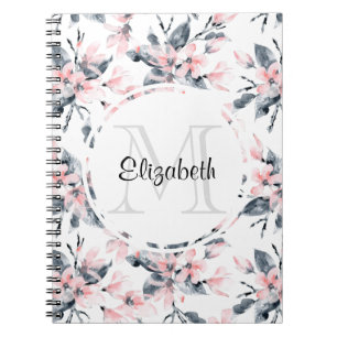 Monogram roze en grijze Floral Waterverf Notitieboek
