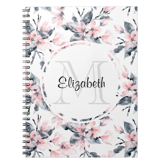 Monogram roze en grijze Floral Waterverf Notitieboek (Voorkant)