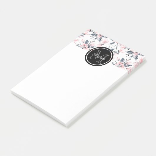 Monogram roze en grijze Floral Waterverf Post-it® Notes (Schuin)