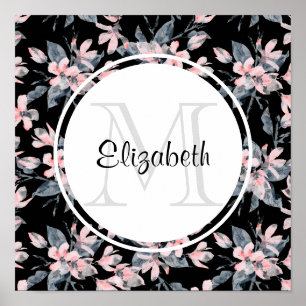Monogram roze en grijze Floral Waterverf Poster