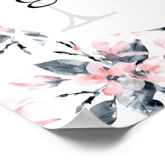 Monogram roze en grijze Floral Waterverf Poster (Hoek)