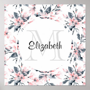 Monogram roze en grijze Floral Waterverf Poster