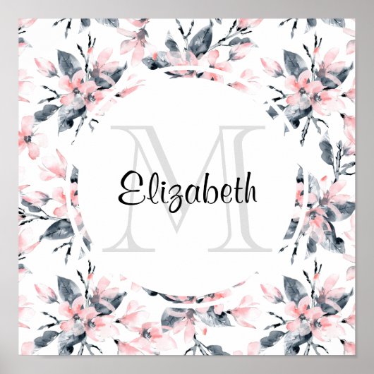 Monogram roze en grijze Floral Waterverf Poster (Voorkant)
