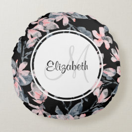 Monogram roze en grijze Floral Waterverf Rond Kussen