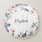 Monogram roze en grijze Floral Waterverf Rond Kussen (Voorkant)