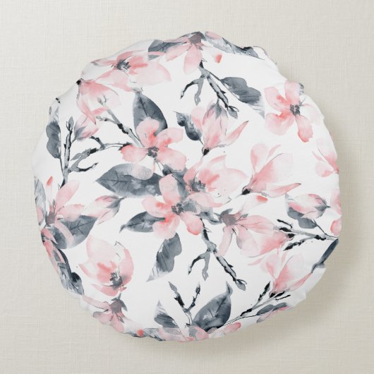 Monogram roze en grijze Floral Waterverf Rond Kussen (Achterkant)