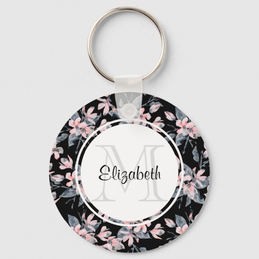 Monogram roze en grijze Floral Waterverf Sleutelhanger (Voorkant)