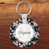Monogram roze en grijze Floral Waterverf Sleutelhanger (Voorkant)