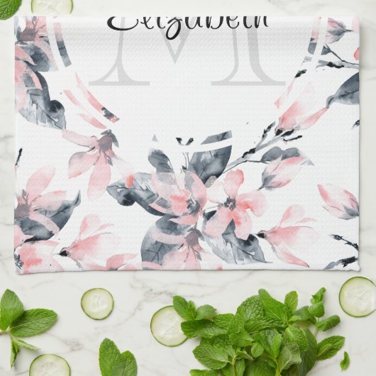 Monogram roze en grijze Floral Waterverf Theedoek (Gevouwen)