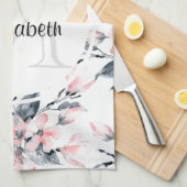Monogram roze en grijze Floral Waterverf Theedoek (Quarter Fold)