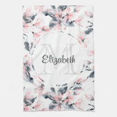 Monogram roze en grijze Floral Waterverf Theedoek (Verticaal)