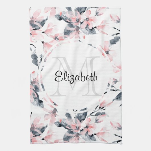 Monogram roze en grijze Floral Waterverf Theedoek (Verticaal)