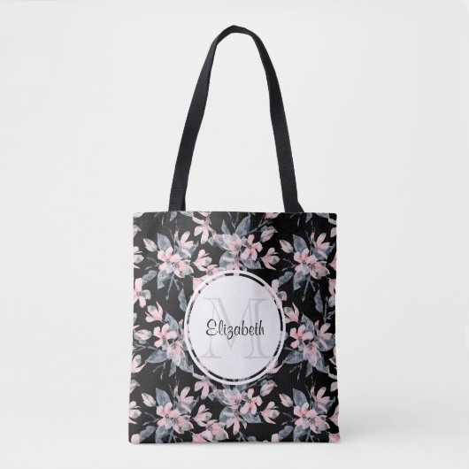 Monogram roze en grijze Floral Waterverf Tote Bag (Voorkant)
