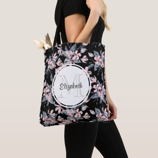 Monogram roze en grijze Floral Waterverf Tote Bag (Dichtbij)