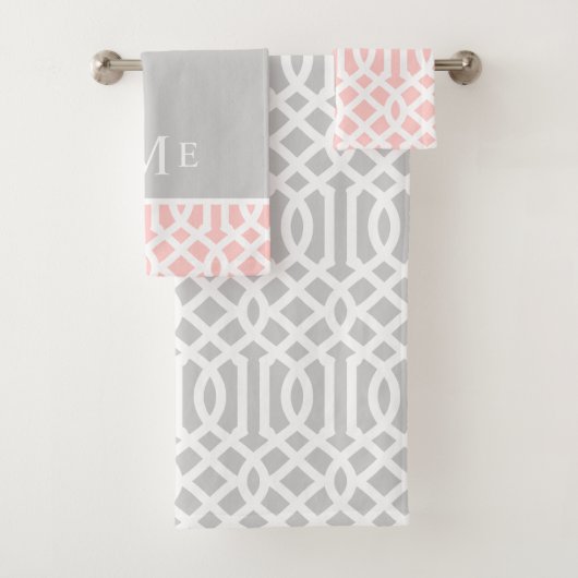 Monogram roze en grijze Trellis | bewerkbare kleur Bad Handdoek (Insitu)