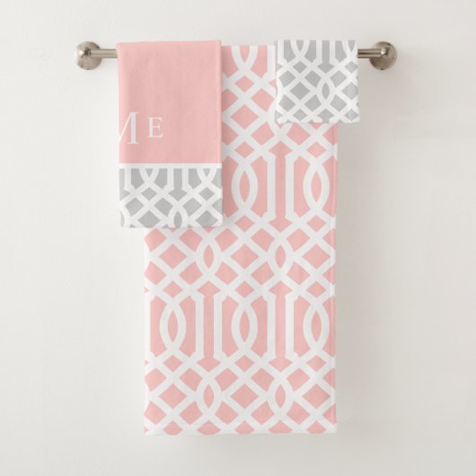 Monogram roze en grijze Trellis | bewerkbare kleur Bad Handdoek (Insitu)