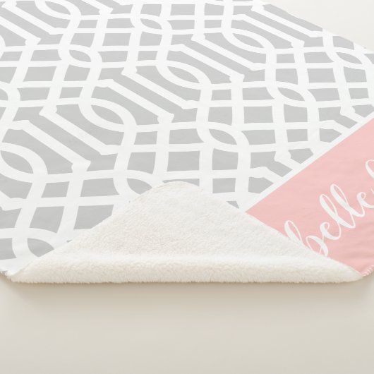 Monogram roze en grijze Trellis | bewerkbare kleur Sherpa Deken (3/4)
