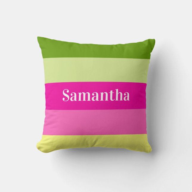 Monogram roze en groen gestreepte kleurblok kussen (Voorkant)