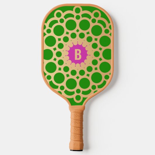 Monogram Roze en Groen - Gouden Cirkels Pickleball Paddle (Achterkant)