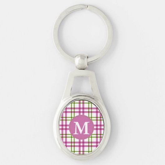 Monogram roze en groen Tartanpatroon Sleutelhanger (Voorkant)
