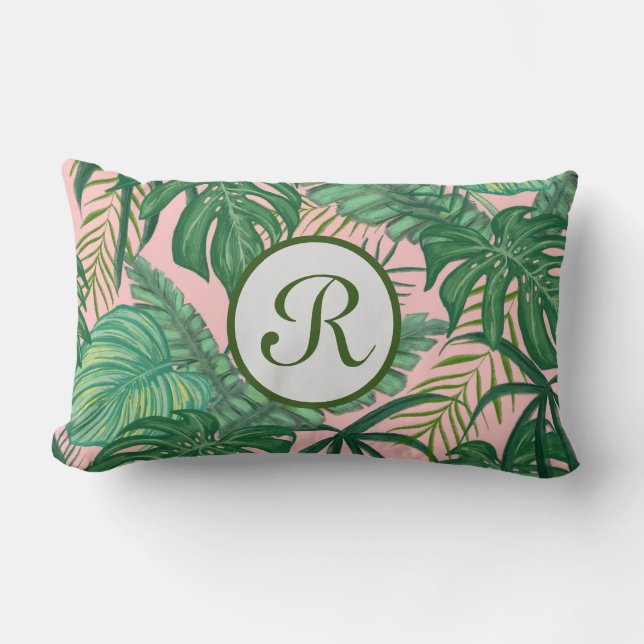 Monogram roze en groene bladkussen kussen (Voorkant)