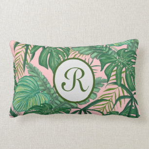 Monogram roze en groene bladkussen kussen