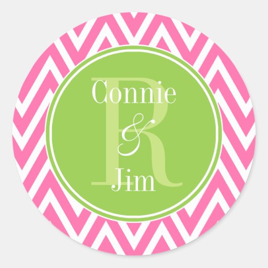 Monogram roze en groene Chevrons Ronde Sticker (Voorkant)