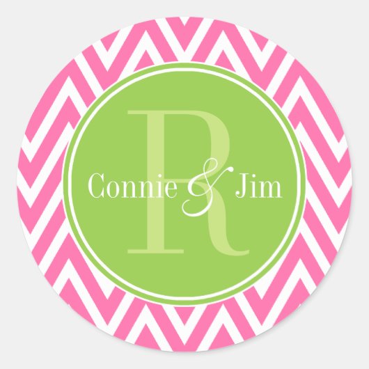Monogram roze en groene Chevrons Ronde Sticker (Voorkant)