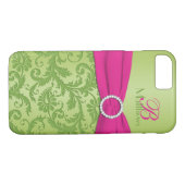 Monogram Roze en Groene Damask iPhone 7 Hoesje (Achterkant (Horizontaal))