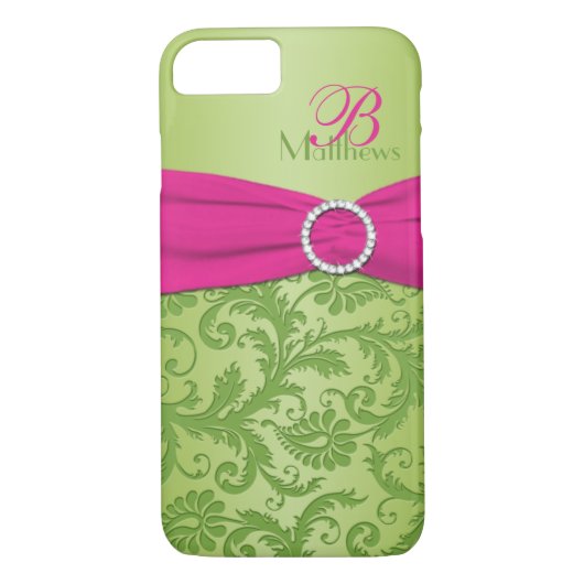 Monogram Roze en Groene Damask iPhone 7 Hoesje (Achterkant)