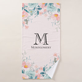 Monogram roze en groene Floral Border Bad Handdoek