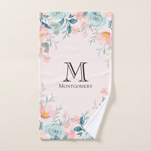 Monogram roze en groene Floral Border Bad Handdoek (Handdoek)