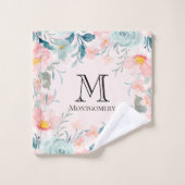 Monogram roze en groene Floral Border Bad Handdoek (Wasdoekje)